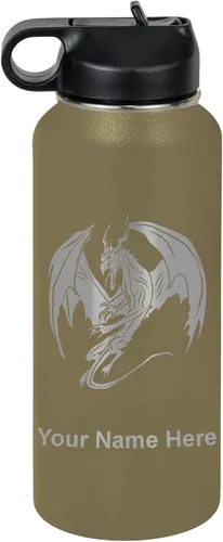 Vista 21 de LaserGram Botella de agua con tapa abatible de doble pared de 12 onzas con pajilla, dragón, grabado personalizado incluido (negro)