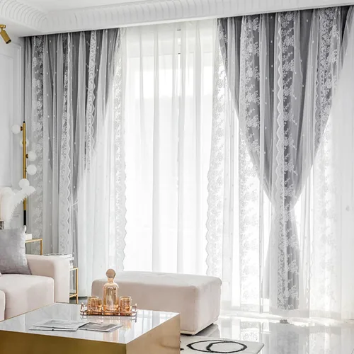 Vista 8 de Cortinas opacas de doble capa para dormitorio, cortina de ventana con ganchos, cortinas bordadas transparentes de tul para sala de estar Beige