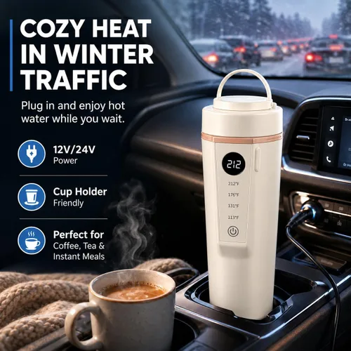 Vista 2 de Hervidor eléctrico para automóvil de 12 V/24 V de doble voltaje, hervidor eléctrico portátil de viaje para viajes por carretera, mini caldera