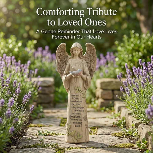 Vista 2 de Topadorn Estatua de jardín de ángel de 10 pulgadas con pájaro – Figura de resina conmemorativa de condolencias para jardín, patio y decoración