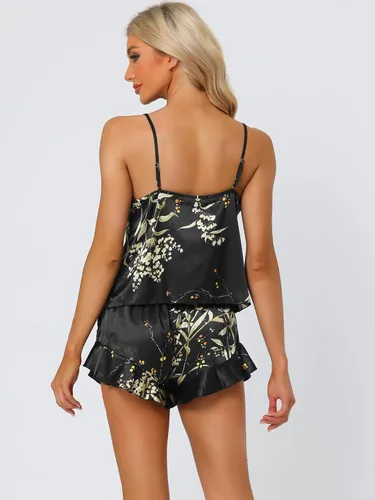Vista 3 de cheibear Pijamas de satén para mujer, camisola floral con pantalones cortos con volantes 2023 Negro