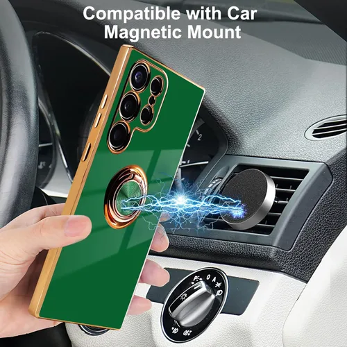 Vista 4 de Funda para Samsung Galaxy S23 Ultra 5G, soporte de anillo de rotación de 360° incorporado, soporte magnético, borde chapado brillante de lujo, Verde
