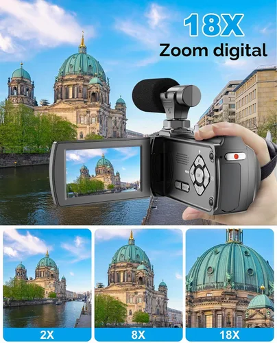 Vista 3 de Videocámara 4K 48MP 60FPS UHD para YouTube Vlogging 18X Digital Zoom 3" IPS 270° Pantalla Flip Video Videocámara con Micrófono Lavalier Inalámbrico