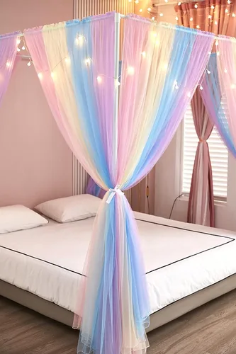 Vista 6 de Akiky Cortinas de Cama con Luces con Postes en las 4 Esquinas para Adultos y Niñas, Cortinas de Cama Arcoíris con Malla - 8 Paneles