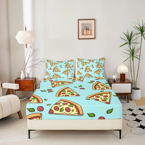 Vista 2 de Juego de sábanas de pizza de dibujos animados para niños, adolescentes, sábana bajera moderna y bohemia para niños y adultos, suave, verde