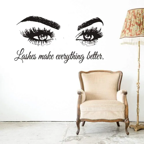 Vista 5 de Calcomanía de pared con texto en inglés "Lashes Make Everything Better", adhesivo de vinilo para salón de belleza, sala de maquillaje, espejo