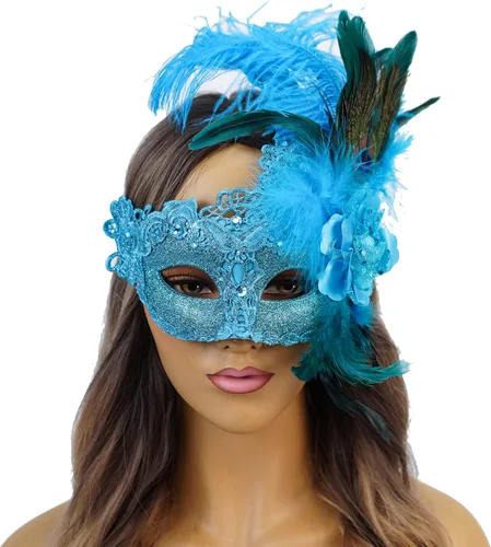 Vista 17 de Máscara de plumas burlesque, máscara de encaje de Mardi Gras para mujer, disfraz de plumas de pavo real, máscara de brocado veneciano