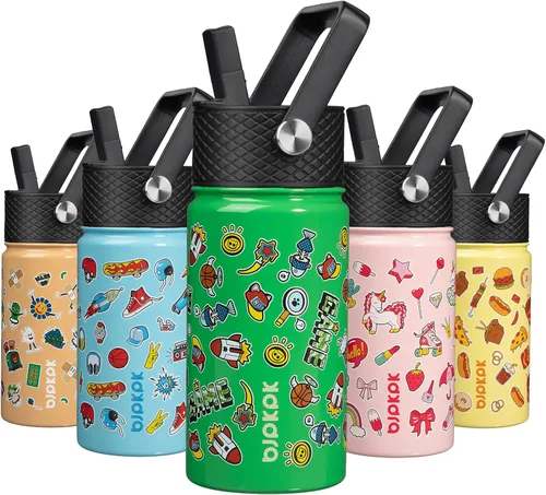 Vista 13 de BJPKPK Botella de agua con tapa con pajilla, botella de agua aislada de 15 onzas, botellas de agua de metal de acero inoxidable, termo reutilizable