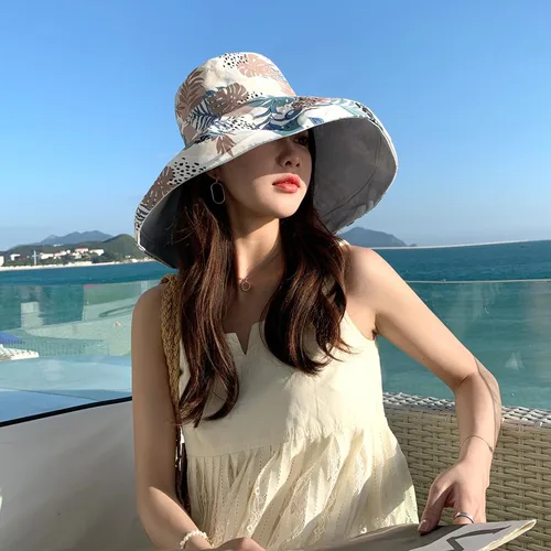 Vista 5 de Sombrero de sol de ala súper ancha para mujer, de algodón, plegable, reversible, con borde con cable, protección UV, verano, playa, viajes, jardín