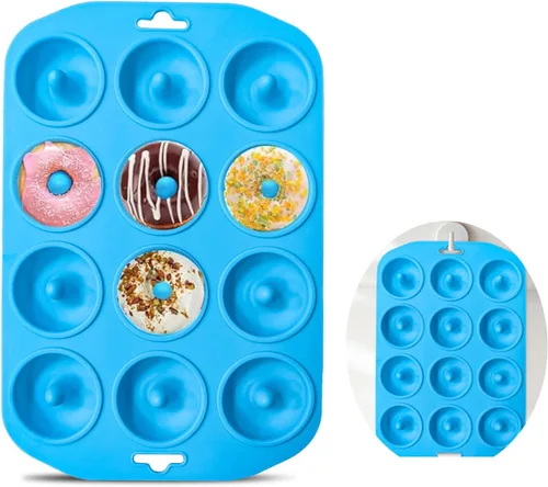 Vista 10 de Moldes de silicona para donas, mini moldes de silicona para hornear sabrosas rosquillas, bagels, cakecups y más (2 azul)