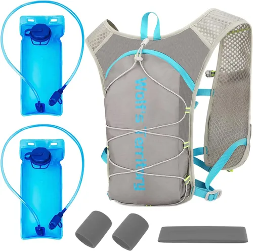 Vista 9 de Mochila de hidratación con 2 vejigas de agua de 2 litros, mochila de agua ligera para senderismo, chaleco de hidratación con 2 muñequeras y 1 banda