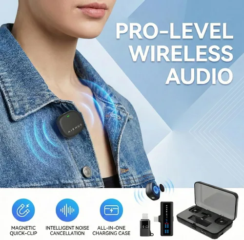 Vista 8 de AIRHUG Micrófono Lavalier inalámbrico para iPhone/Android/PC, batería de 60 horas, 48 KHz 24 bits, relámpago Plug-Play/USB-C, 3 modos de grabación