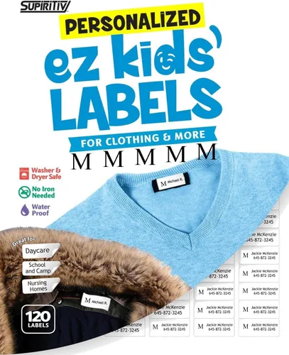 Vista 15 de 120 etiquetas de nombre impermeables personalizadas, icono de bola, autoadhesivas, para ropa, escuela, campamento, enfermería, juguetes, multiusos