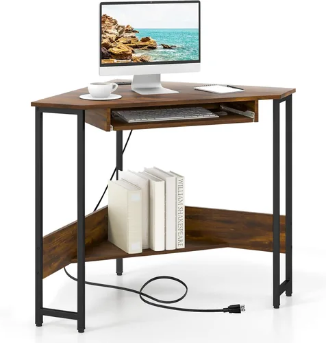 Vista 10 de Escritorio esquinero, escritorio triangular para computadora con puertos USB y tomas de corriente, escritorio pequeño para espacios pequeños