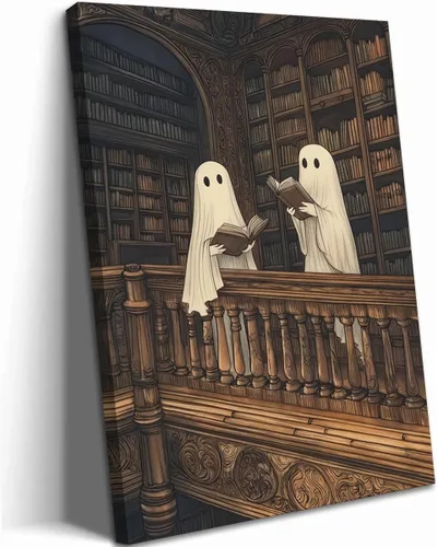 Vista 15 de Obras de arte en lienzo de fantasmas de Halloween para baño, decoración de pared con fantasmas de terror y lindo gato negro en la bañera, pinturas