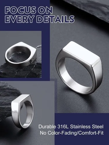 Vista 2 de Bandmax Anillos de sello para hombre, acero inoxidable, chapado en oro de 14 quilates, negro, minimalista, simple, anillo para hombres y mujeres