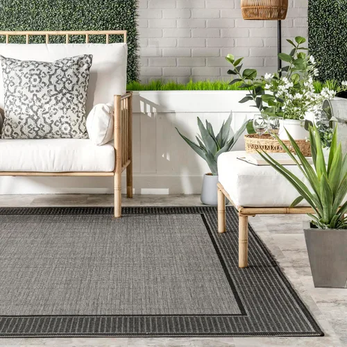 Vista 5 de Alfombra para exteriores con borde gris nuLOOM, gris