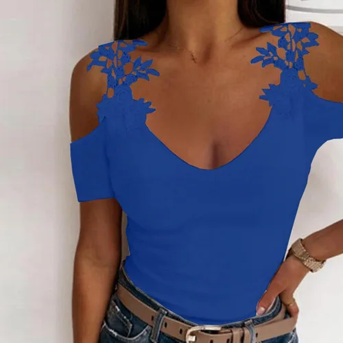 Vista 2 de FQZWONG Camiseta sexy de manga corta con cuello en V y hombros descubiertos para mujer, con tirantes florales, a la moda, para fiesta de verano