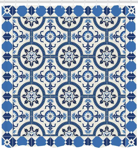 Vista 2 de Ambesonne Cortina de ducha marroquí, estilo turco oriental, motivos de mosaico en diseño retro clásico, juego de decoración de baño de tela