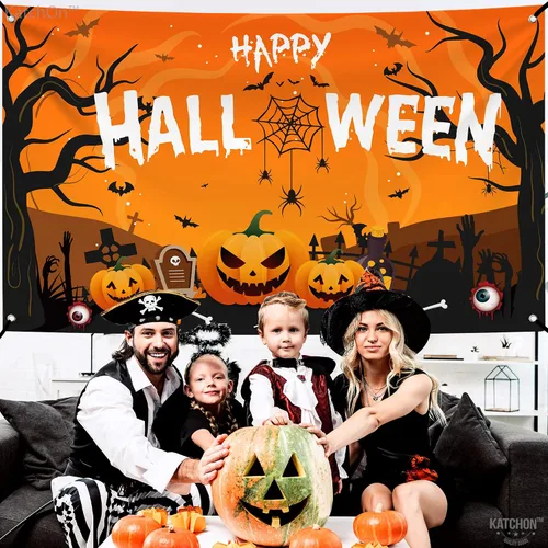 Vista 2 de KatchOn Pancarta extragrande de Feliz Halloween, 72 x 44 pulgadas, telón de fondo espeluznante, decoraciones de fiesta naranja y negro, pancarta