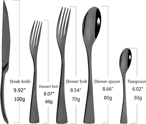 Vista 4 de Juego de cubiertos de acero inoxidable 304 de 20 piezas con cuchara de cuchillo para carne, color negro espejo, servicio para 4