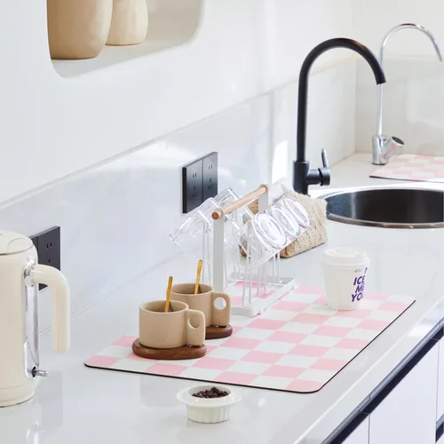 Vista 19 de Ohocut Tapete de secado de platos a cuadros para encimera de cocina, accesorios de estación de cafetería, estética, retro, moderna, absorbente