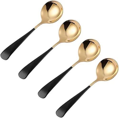 Vista 2 de Cucharas de sopa negras Cucharas grandes de cabeza redonda de acero inoxidable con mango pesado Cucharas para servir alimentos Negro