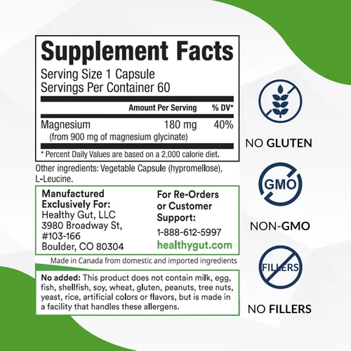 Vista 2 de Healthy Gut Magnesio-HP Cápsulas de glicinato de magnesio ultra puro con cero rellenos 180 mg de glicinato de magnesio 60 porciones