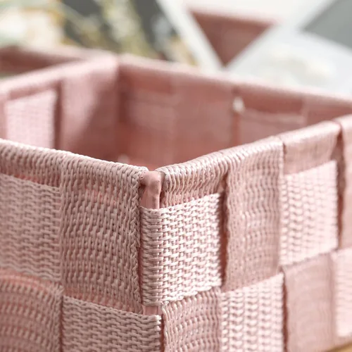 Vista 4 de Cesta decorativa dividida con correa tejida, cubos de almacenamiento de baño con compartimento, contenedor de organización de dormitorio con 4 Rosa