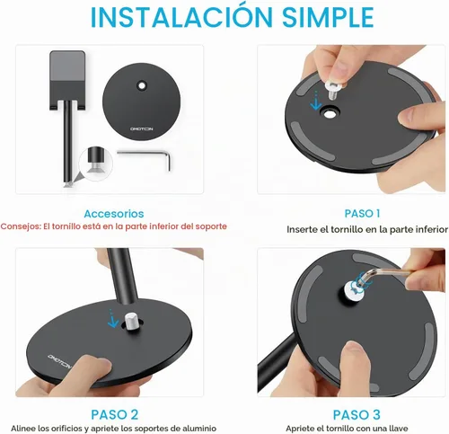 Vista 2 de Soporte para teléfono celular, OMOTON Soporte para teléfono ajustable en ángulo de altura, soporte de escritorio de aluminio para teléfono con base
