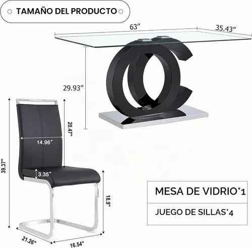 Vista 2 de Ebullient - Juego de mesa de comedor de vidrio para 4, set de mesa y sillas de 5 piezas, tapa de vidrio templado, juego de cena moderno con 4 sillas