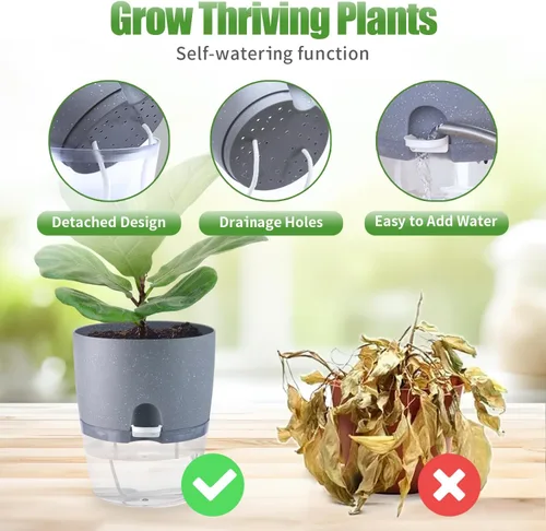 Vista 4 de Oliz - Macetas de 6 pulgadas con riego automático para plantas de interior, juego de 6 macetas de plástico gris con agujeros de drenaje