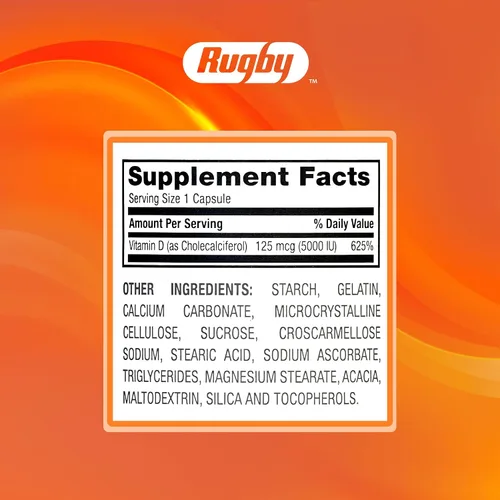 Vista 8 de Rugby Vitamina D3 5,000 UI (125 mcg) - Suplemento dietético de vitamina D para huesos, dientes e inmunidad, 100 cápsulas