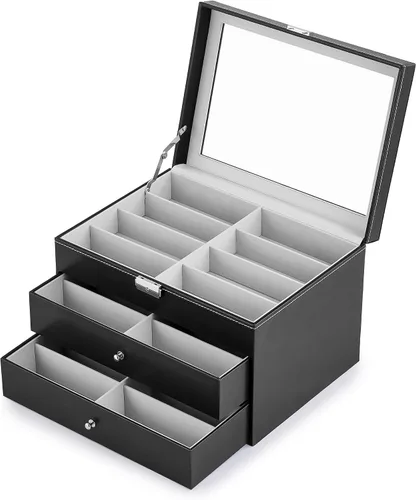 Vista 8 de CO-Z Sunglasses Organizer, Leather Eyeglasses Storage Box for Women Men, Lockable Sunglass Display Case Holder with Drawer