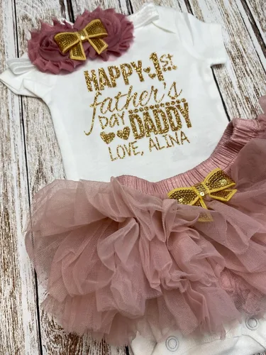 Vista 6 de Regalo personalizado para el Día del Padre, traje de bebé niña con nombre personalizado rosa y dorado opcional tutú Bloomers diadema y calentadores