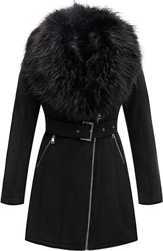 Vista 11 de Bellivera Gabardina de piel sintética para mujer, chaqueta de longitud media con forro polar y cuello de piel desmontable Negro