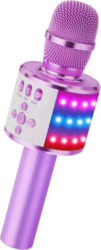 Vista 9 de Micrófono de karaoke BONAOK para niños y adultos - micrófonos Bluetooth con luces de disco, efecto eco, altavoz incorporado, reproductor de karaoke