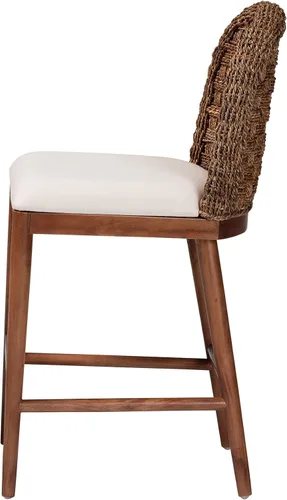 Vista 5 de Bali & pari Denver - Taburete moderno bohemio de madera de acacia y hierba marina con acabado marrón nogal