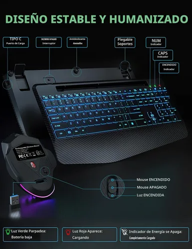 Vista 7 de Teclado y Mouse Inalámbricos con Retroiluminación, Reposamuñecas, Mouse LED, Teclado Ergonómico Recargable con Soporte para Teléfono, Combo