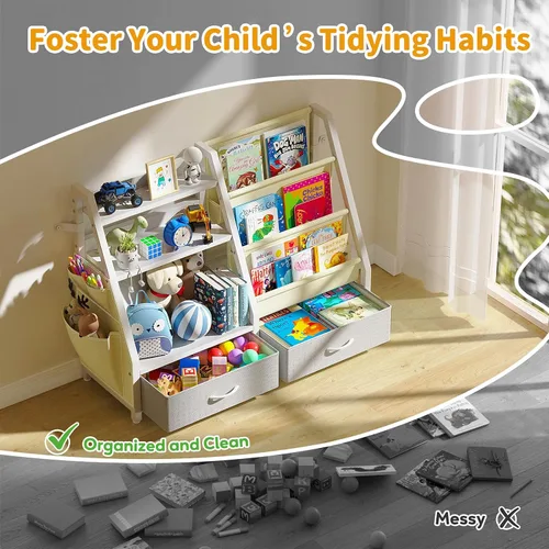 Vista 5 de Estantería para niños y organizador de juguetes Twinkoo, estante resistente de 3 niveles, estantería con bandeja y 2 contenedores de juguetes