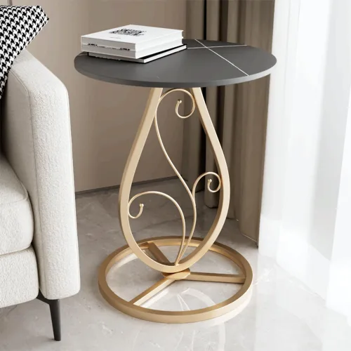 Vista 6 de Mesa auxiliar redonda bohemia para sala de estar, mesas auxiliares de escritorio de mármol natural con base floral de metal minimalista bohemio