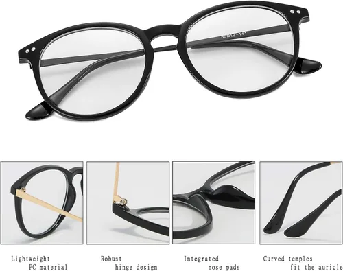 Vista 3 de Lentes falsos de lente transparente sin receta para mujeres y hombres lentes retro con marco de metal redondo