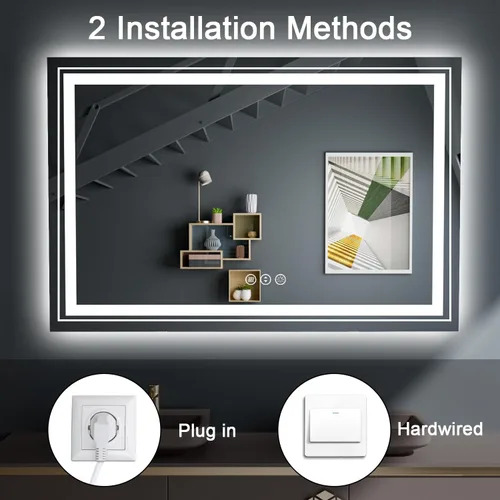 Vista 6 de Snowdool Espejo LED de baño, 48 x 40 pulgadas con luz frontal y retroiluminada, antivaho, espejo grande de tocador de baño para pared, función