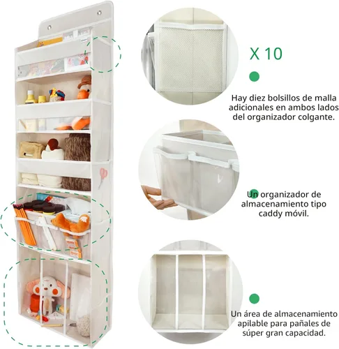 Vista 4 de Organizador de almacenamiento para colgar en puerta, con 3 compartimentos, 1 organizador de pañales para bebé móvil, 1 organizador de almacenamiento