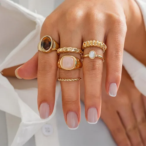 Vista 4 de Anillos de cristal gruesos de oro para mujer, diseño de cúpula grande, piedra lunar, juego de anillos vintage bohemios, punk, joyería vanguardista