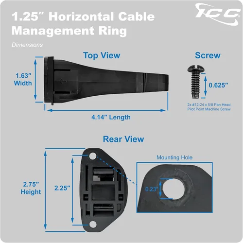 Vista 9 de ICC 1.25" Anillo de gestión de cables de plástico, horizontal, ajuste universal, paquete de 1 – Organizador de cables para cableado estructurado