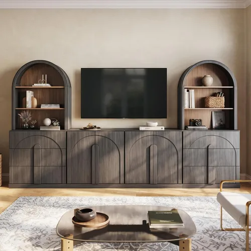 Vista 54 de BELLEZE Centro de entretenimiento modular de 4 piezas con almacenamiento, 2 vitrinas de madera moderna con gabinete arqueado y 2 armarios de puerta