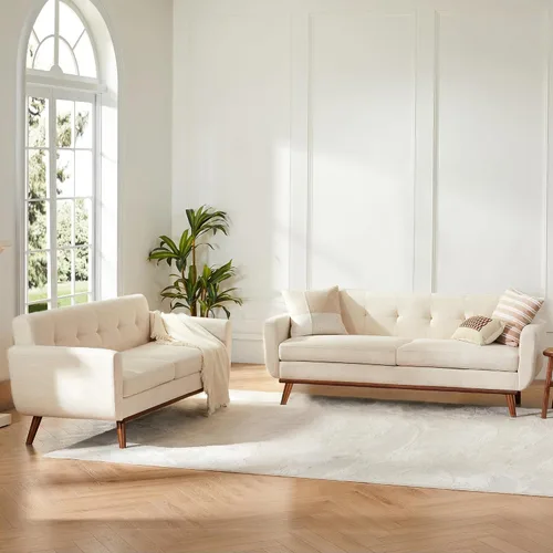 Vista 25 de Kingfun Juegos de muebles de sala de estar, estándar y otomano, sofás de decoración moderna de mediados de siglo, muebles tapizados con botones Beige