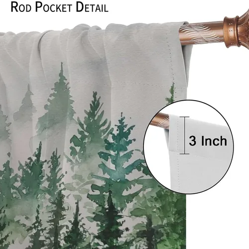 Vista 5 de BAEKJIN Cortinas verdes de bosque brumoso, acuarela, naturaleza, paisaje, plantas, árbol, bolsillo para barra, opacas, tratamiento de ventana