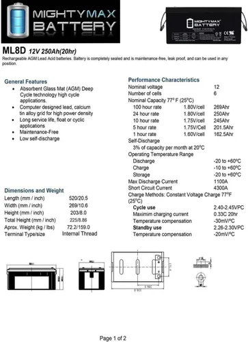 Vista 6 de Mighty Max Battery Reemplazo de batería de 12 V 250 Ah para batería MK de 12 voltios 245 AH - Paquete de 4